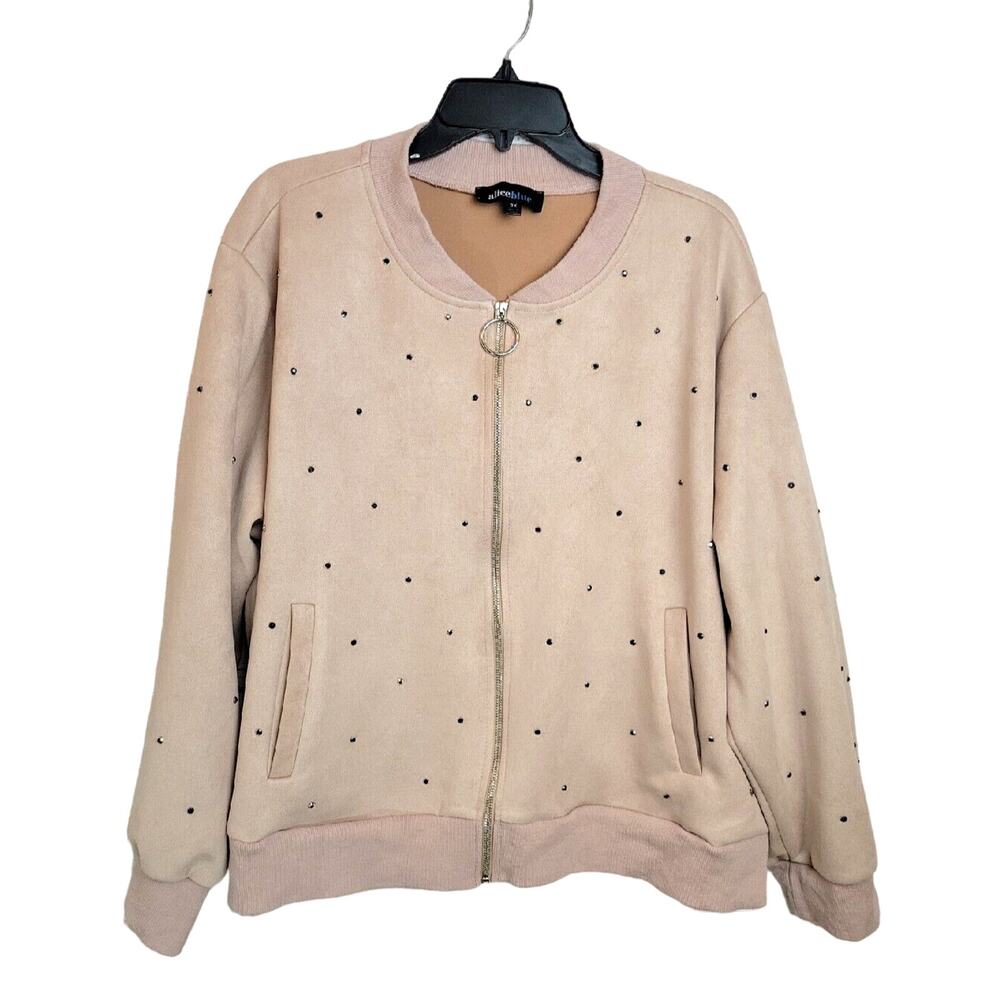 Alice Blue Pink Zip Front Rhinestone Long Sleeve Jacket Top Women's Plus Size 3X